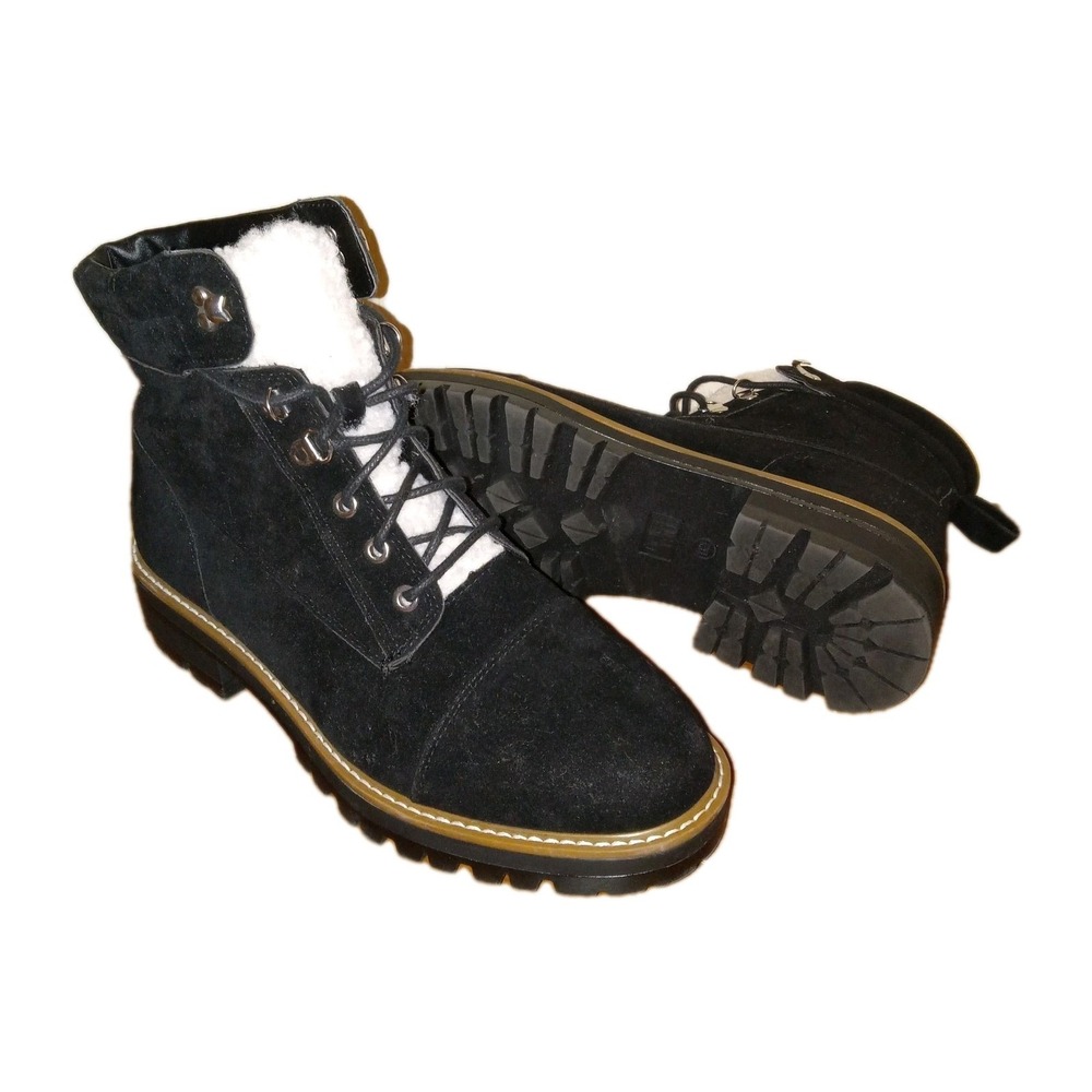 Time and Tru Combat Boots Women 11 Black Faux Suede Shearling Lined Hiker